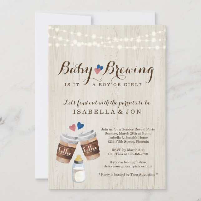 Uppmaning till Brewing Coffee Gender Reveal Party- Inbjudningar (Framsida)