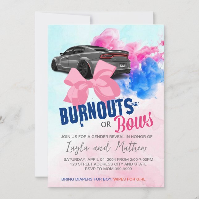 Uppmaning till Burnouts eller Bows Gender Reveal Inbjudningar (Framsida)