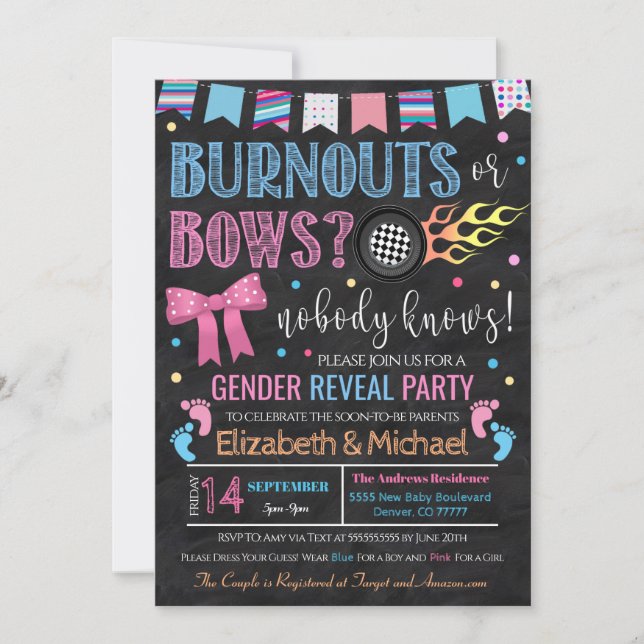 Uppmaning till Burnouts eller Bows Gender Reveal Inbjudningar (Framsida)
