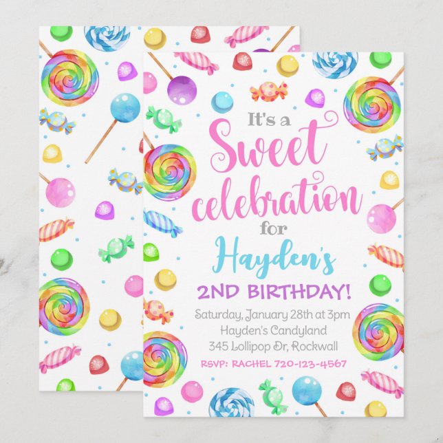 Uppmaning till Candy Birthday, Candyland-inbjudan Inbjudningar (Fram/baksida)