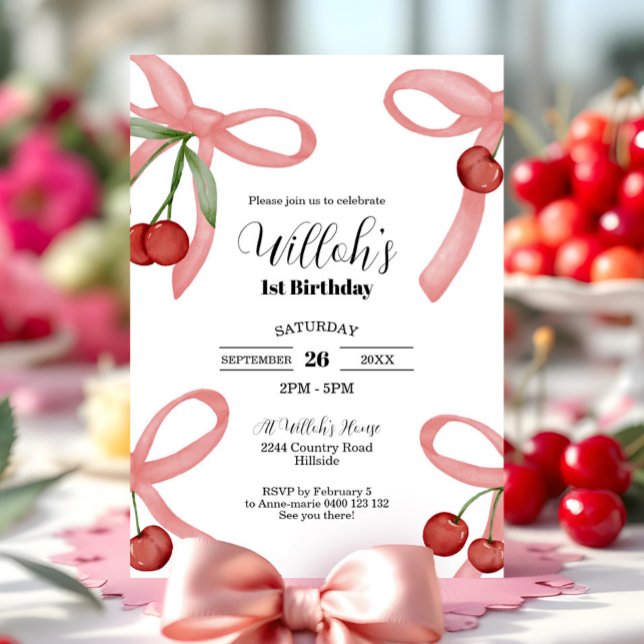 Uppmaning till Cherry Coquette Bows Birthday Inbjudningar (Coquette Cherry 1st Birthday Invitation Cherry Birthday Invitation Bows and Cherries)