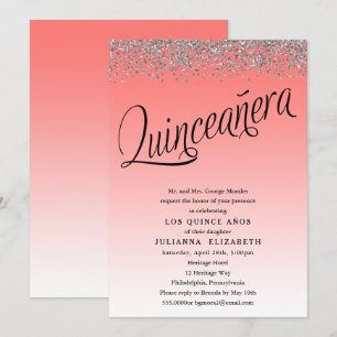 Uppmaning till Coral och Silver Quinceanera Birthd Inbjudningar
