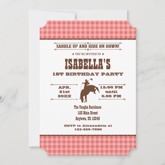 Uppmaning till Coral Play Cowboy Rodeo på födelsed Inbjudningar (Framsida)