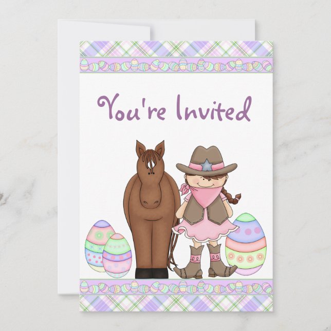 Uppmaning till Cowgirl, Horse och Påskägg Birthday Inbjudningar (Framsida)