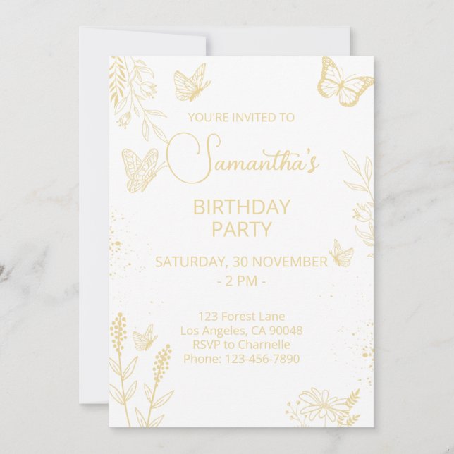 Uppmaning till Cream & Guld Butterfly Birthday Inbjudningar (Framsida)