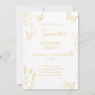 Uppmaning till Cream & Guld Butterfly Birthday Inbjudningar