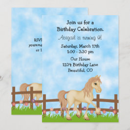 Uppmaning till Cream Horse and Flowers Girls Birth Inbjudningar