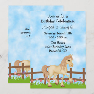 Uppmaning till Cream Horse and Flowers Girls Birth Inbjudningar