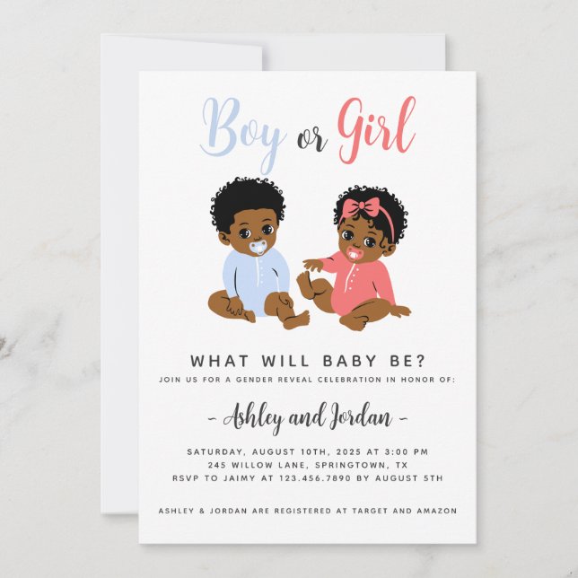 Uppmaning till Cute African American Gender Reveal Inbjudningar (Framsida)