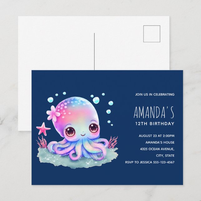 Uppmaning till Cute Octopus Sea Creature Birthday Vykort (Fram/baksida)
