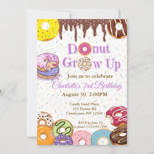 Uppmaning till "Donut Grow Up" Bjud på födelsedage Inbjudningar (Framsida)