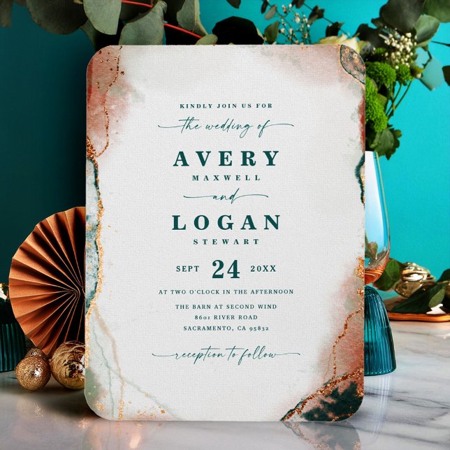 Uppmaning till eteriskt Mörk och kopparbröllop Magnet (Teal and Copper Abstract Wedding Invitation Magnetic Card)