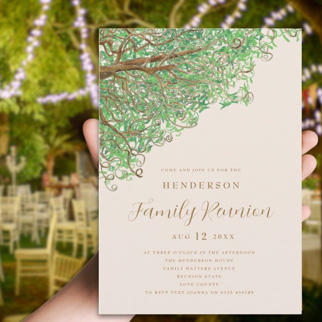 Uppmaning till familjeåterförening för vattenfärg  inbjudningar (Watercolor tree family reunion invitation beige green brown modern script )