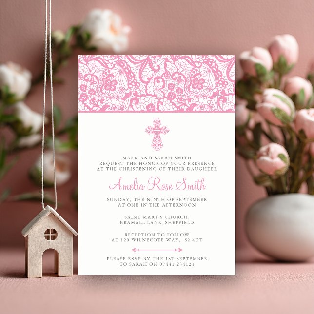 Uppmaning till flickor/ungdom inbjudningar (Graceful and timeless 💕 A pink lace christening invitation for your baby girl’s special day.)