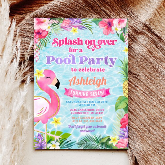 Uppmaning till födelsedagen i Tropical Girly Bassä Inbjudningar (Tropical Girly Pool Party Birthday Invitation)