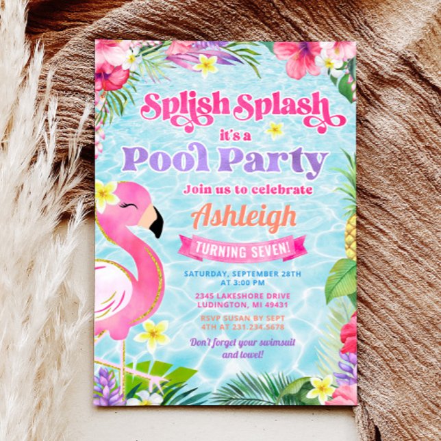 Uppmaning till födelsedagen i Tropical Girly Bassä Inbjudningar (Tropical Girly Pool Party Birthday Invitation)