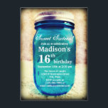 Uppmaning till födelsedagen Rustic Land Mason Burk Inbjudningar<br><div class="desc">Rustic Land Mason Burk Födelsedagsfest inbjudan med akva teal turquise mason burk i en nödsituation. Baksidan av inbjudan är en papper design för vintagar. Dessa visas som sweet sixteen,  men ni kan använda detta i vilken ålder som helst. Byt bara "Sweet sixteen" till "Låt oss Party!" och ändra födelsedagsåldern.</div>
