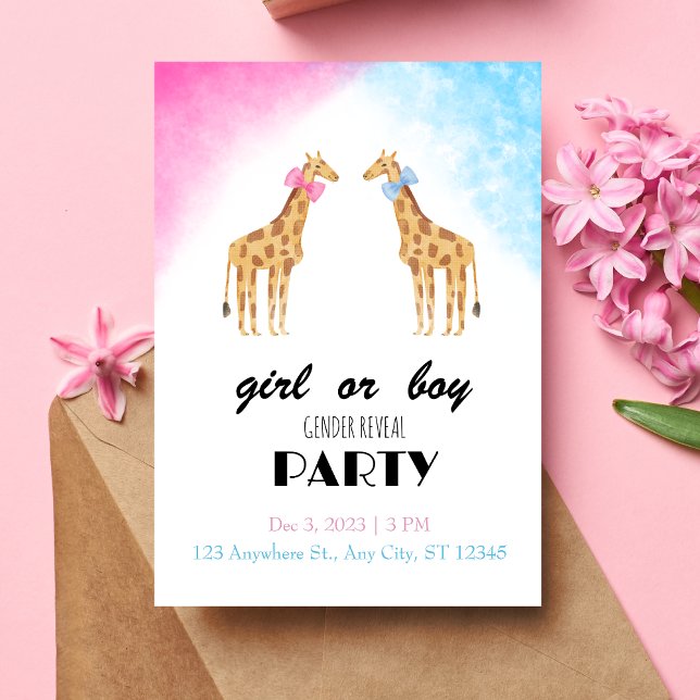 Uppmaning till Giraffe Gender Reveal Party Girl el Inbjudningar (Front)