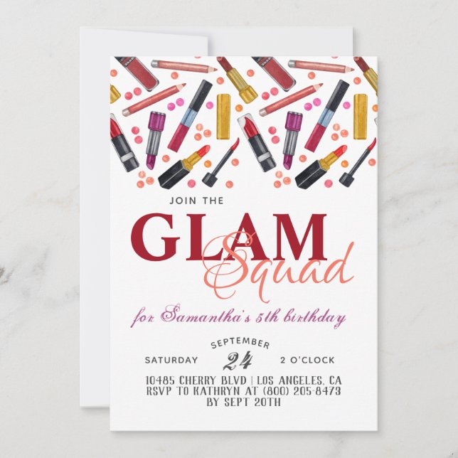 Uppmaning till Glam Squad Makeup Birthday Inbjudningar (Framsida)