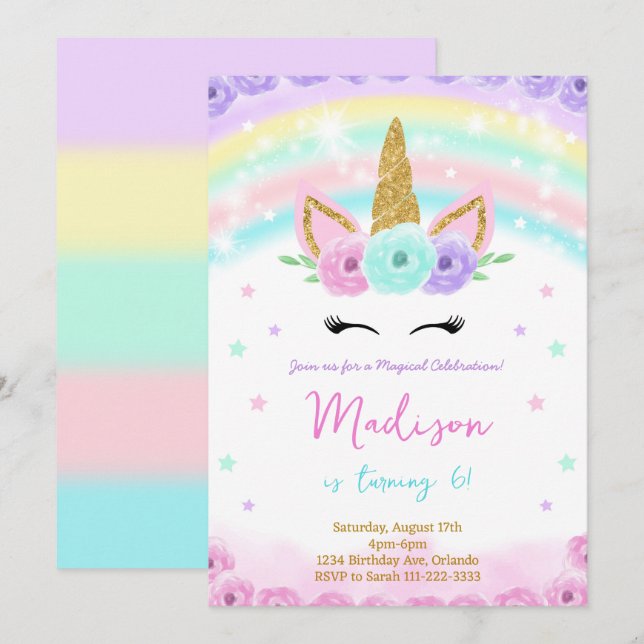 Uppmaning till Glitter Unicorn-födelsedag i vatten Inbjudningar (Fram/baksida)