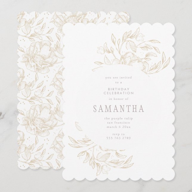 Uppmaning till Golden Romantic Blommigt Birthday Inbjudningar (Fram/baksida)