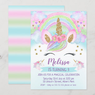 Uppmaning till Guld Unicorn Rainbow Birthday Inves Inbjudningar