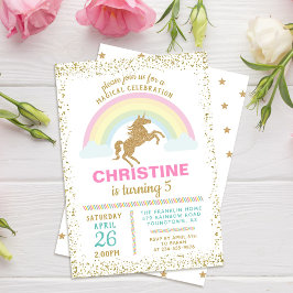 Uppmaning till Guld Unicorn Rainbow Birthday Inves Inbjudningar