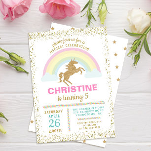 Uppmaning till Guld Unicorn Rainbow Birthday Inves Inbjudningar
