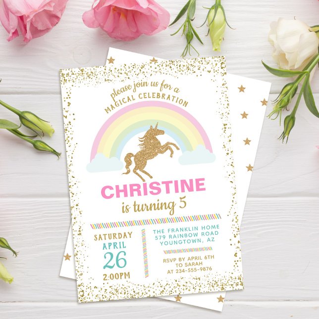 Uppmaning till Guld Unicorn Rainbow Birthday Inves Inbjudningar (Skapare uppladdad)