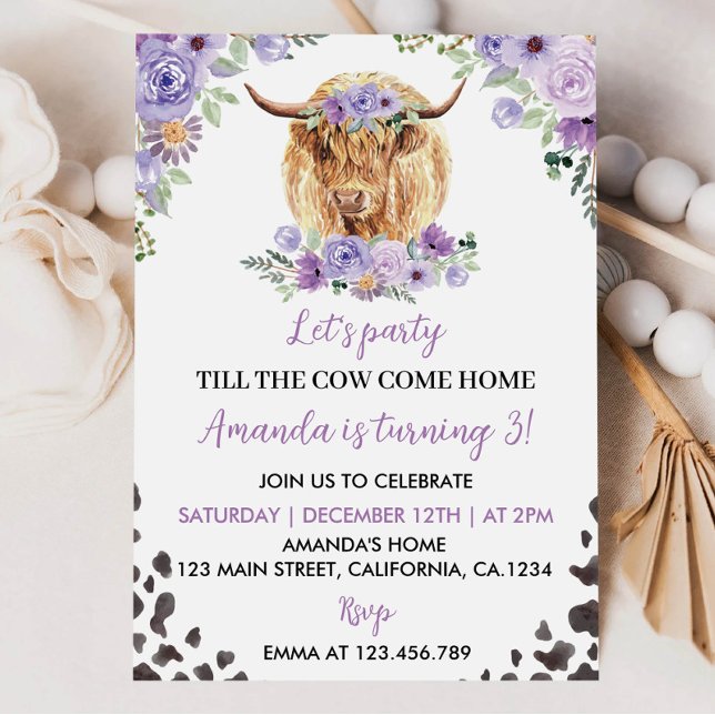 Uppmaning till Highland Cow Girl Birthday Inbjudningar (Skapare uppladdad)