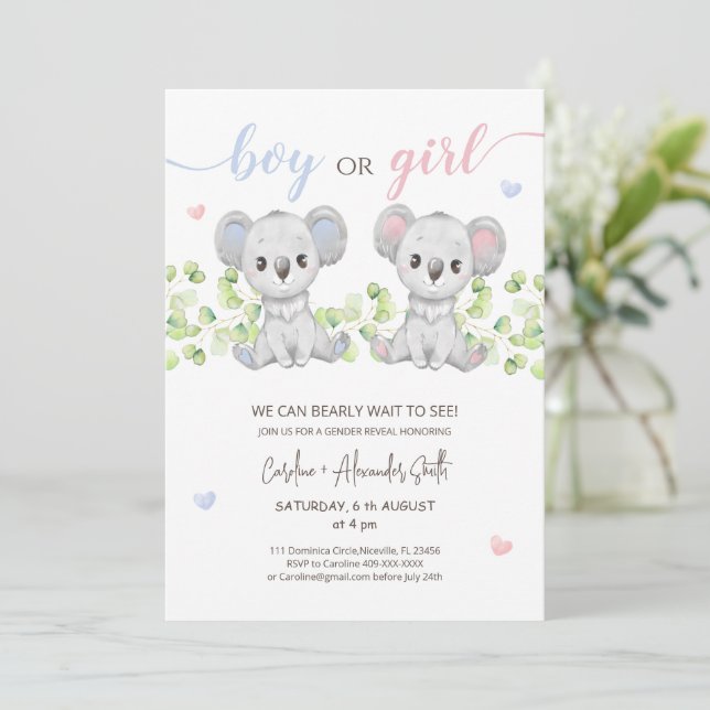 Uppmaning till Koala Bear Gender Reveal Party Inbjudningar (Stående Fram)