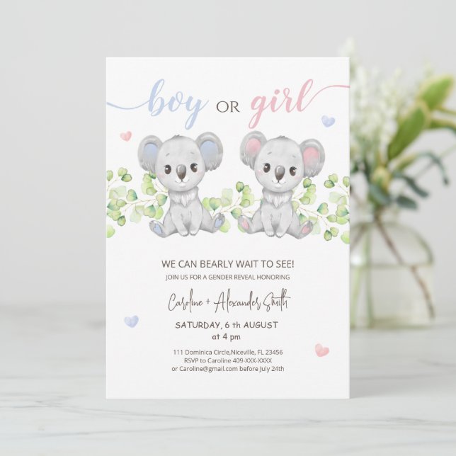 Uppmaning till Koala Bear Gender Reveal Party Inbjudningar (Stående Fram)