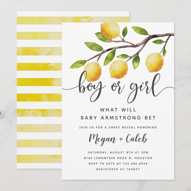 Uppmaning till Lemon Theme Gender Reveal Summer Pa Inbjudningar (Fram/baksida)