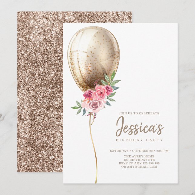 Uppmaning till Luxury Balloon Beige Glitter födels Inbjudningar (Fram/baksida)