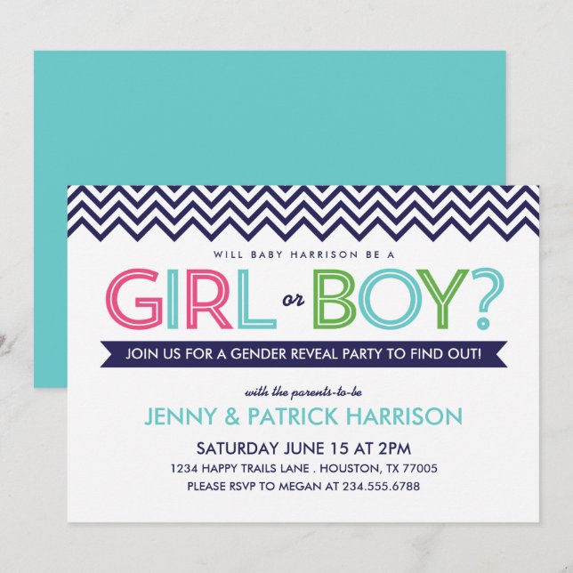 Uppmaning till Preppy Chevron Baby Gender Reveal P Inbjudningar (Fram/baksida)