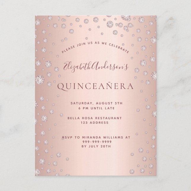 Uppmaning till Quinceanera party ro guld diamanter Vykort (Framsida)