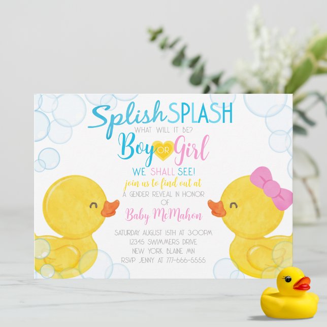 Uppmaning till rekalvpartiet Rubber Anka Gender Inbjudningar (Splish Splash Boy or Girl Watercolor Rubber Duck Gender Reveal Party Invitations)