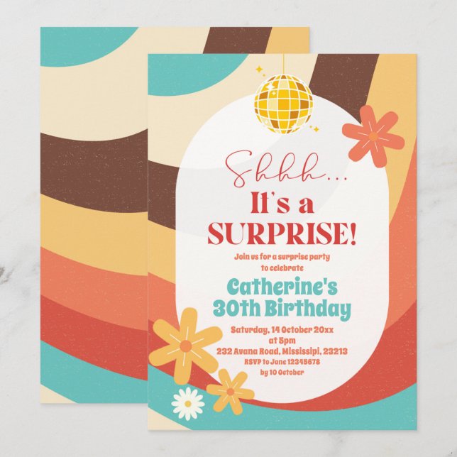 Uppmaning till Retro Hippie Surprise Birthday Inbjudningar (Fram/baksida)