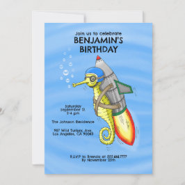 Uppmaning till Rocket Seahorse Birthday Birthday Inbjudningar