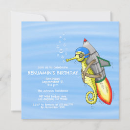 Uppmaning till Rocket Seahorse Birthday Birthday Inbjudningar