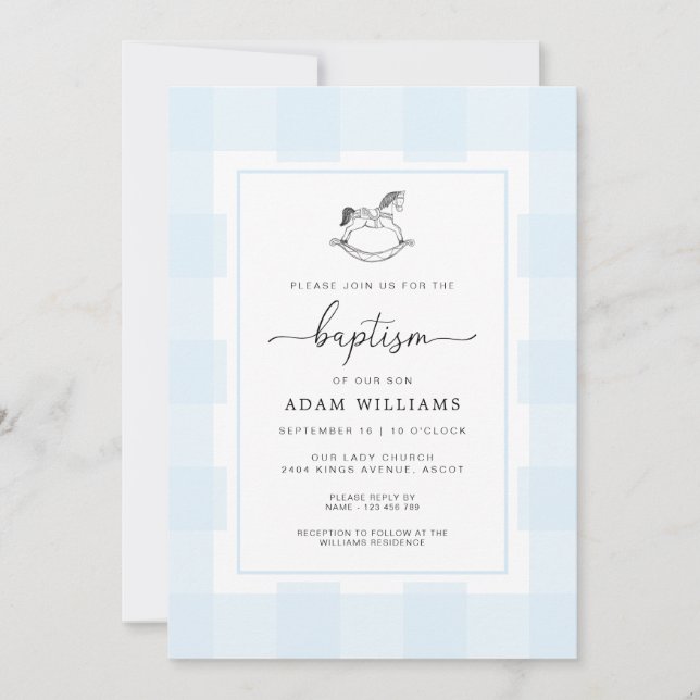 Uppmaning till Rocking Horse Blue Gingham Baptism Inbjudningar (Framsida)