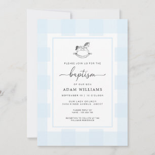 Uppmaning till Rocking Horse Blue Gingham Baptism Inbjudningar