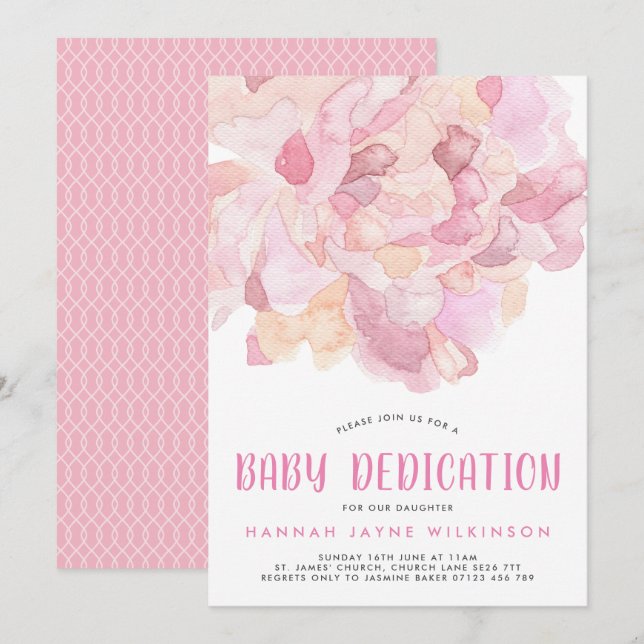 Uppmaning till Rosa Peony Baby Dedication Investig Inbjudningar (Fram/baksida)