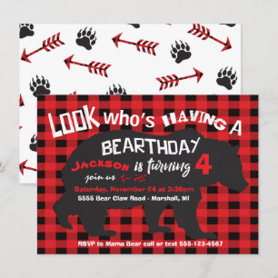 Uppmaning till Rustic Bear Birthday med flanals Inbjudningar