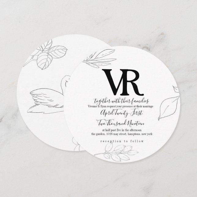 Uppmaning till skisserade Svan och botaniska bröll Inbjudningar (Fram/baksida)