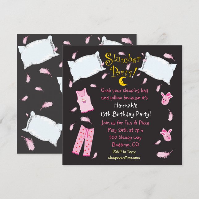 Uppmaning till slumber Party Pillow Fight Birthday Inbjudningar (Fram/baksida)