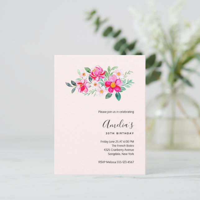 Uppmaning till Söt Rosa Blommor på födelsedagen Inbjudan Vykort (Stående Fram)