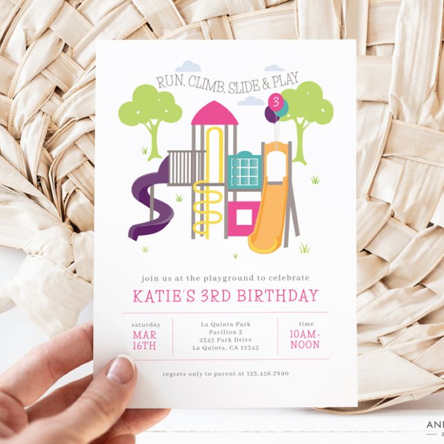 Uppmaning till spellparkens flicka på födelsedagen inbjudningar (Playground Park Birthday Invitation for Girl)