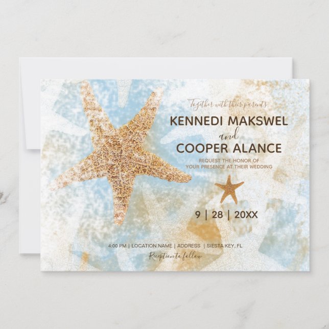 Uppmaning till Starfish Beach Thated Coastal Weddi Inbjudningar (Framsida)