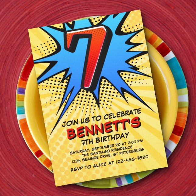 Uppmaning till superhjälte 7:e på födelsedagen inbjudningar (Skapare uppladdad)